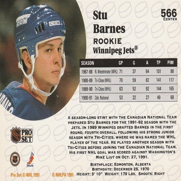 Stu Barnes - 1991 Pro Set Rookie Card - Picture 2 of 2